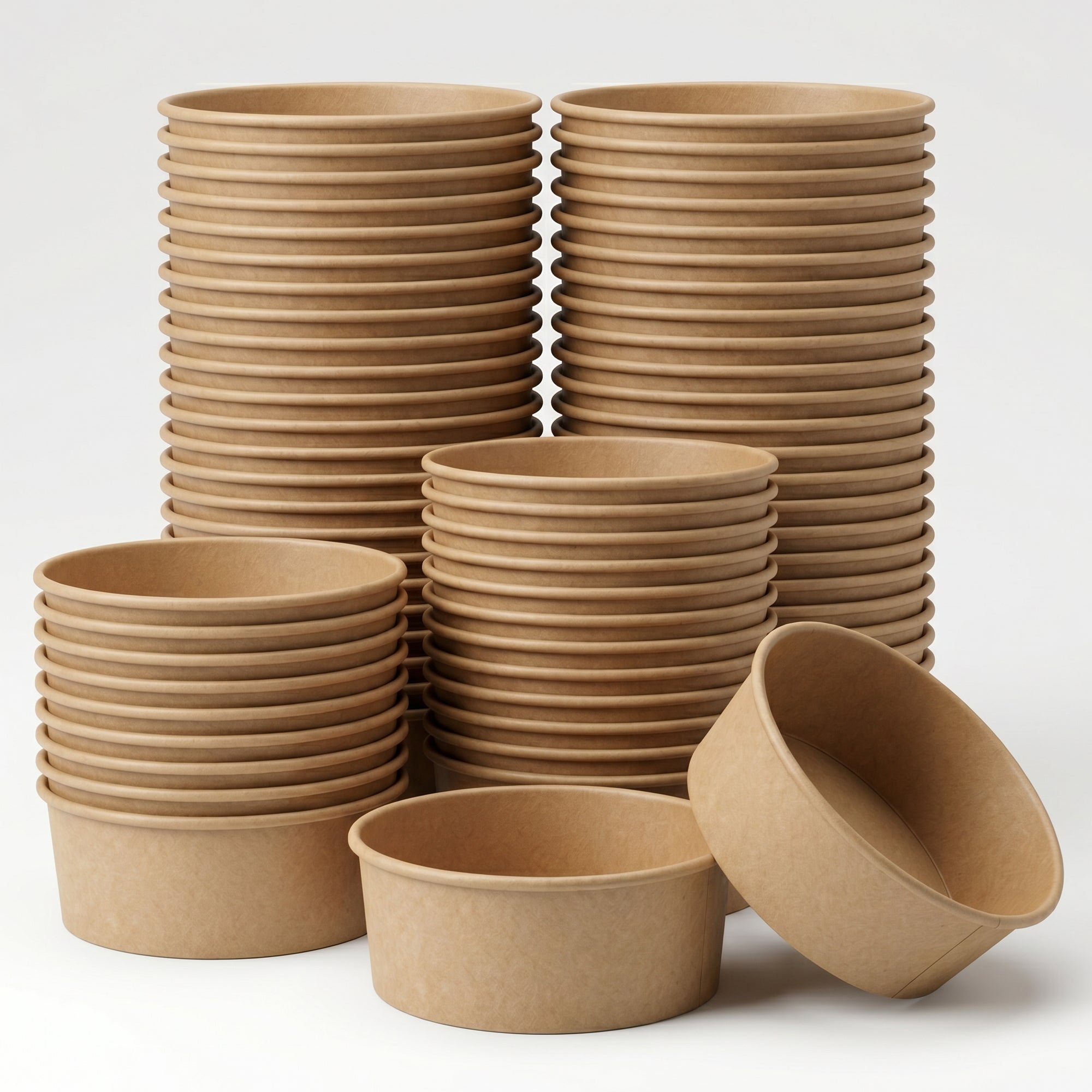 A stack of brown paper food containers in various sizes.