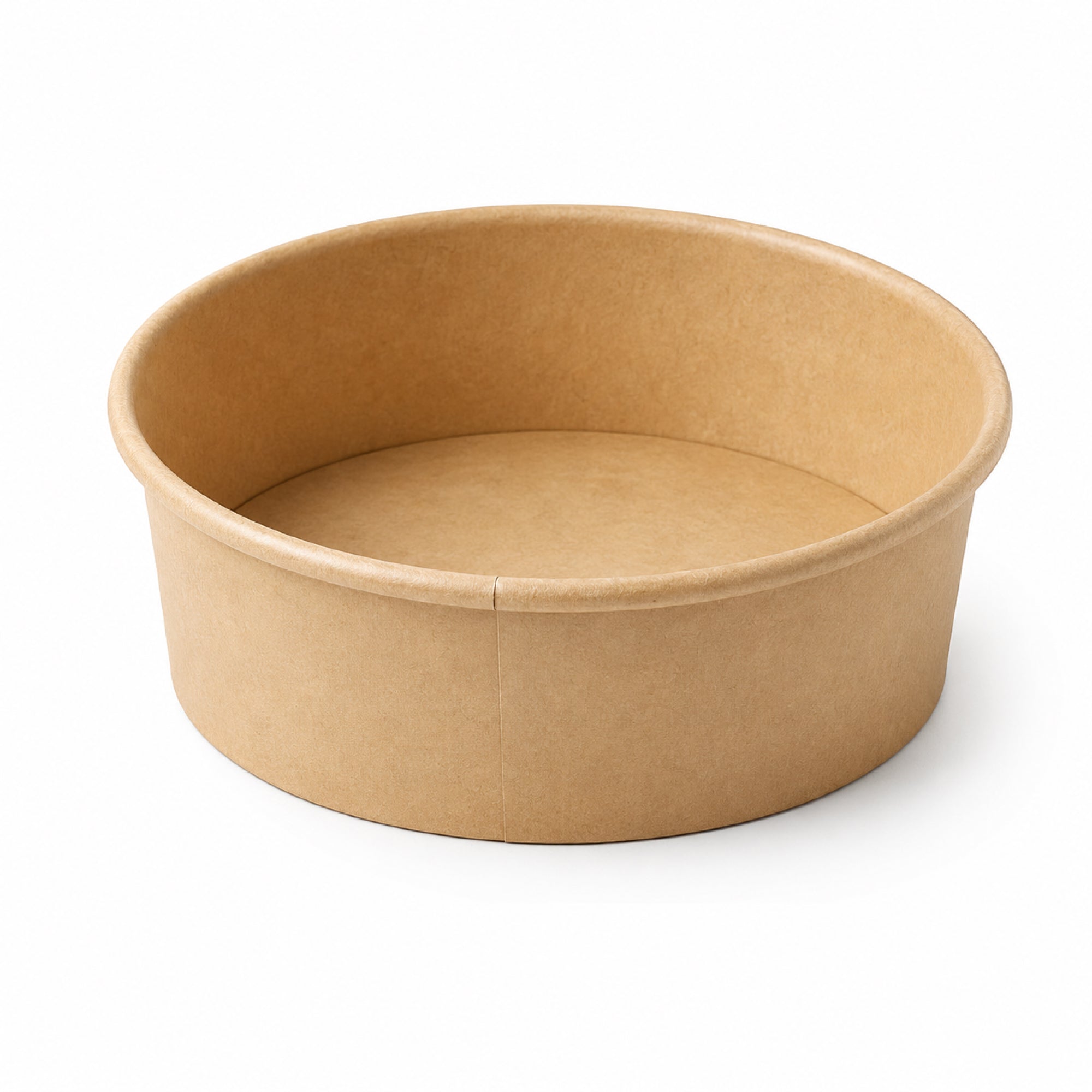 A round, biodegradable paper food container.
