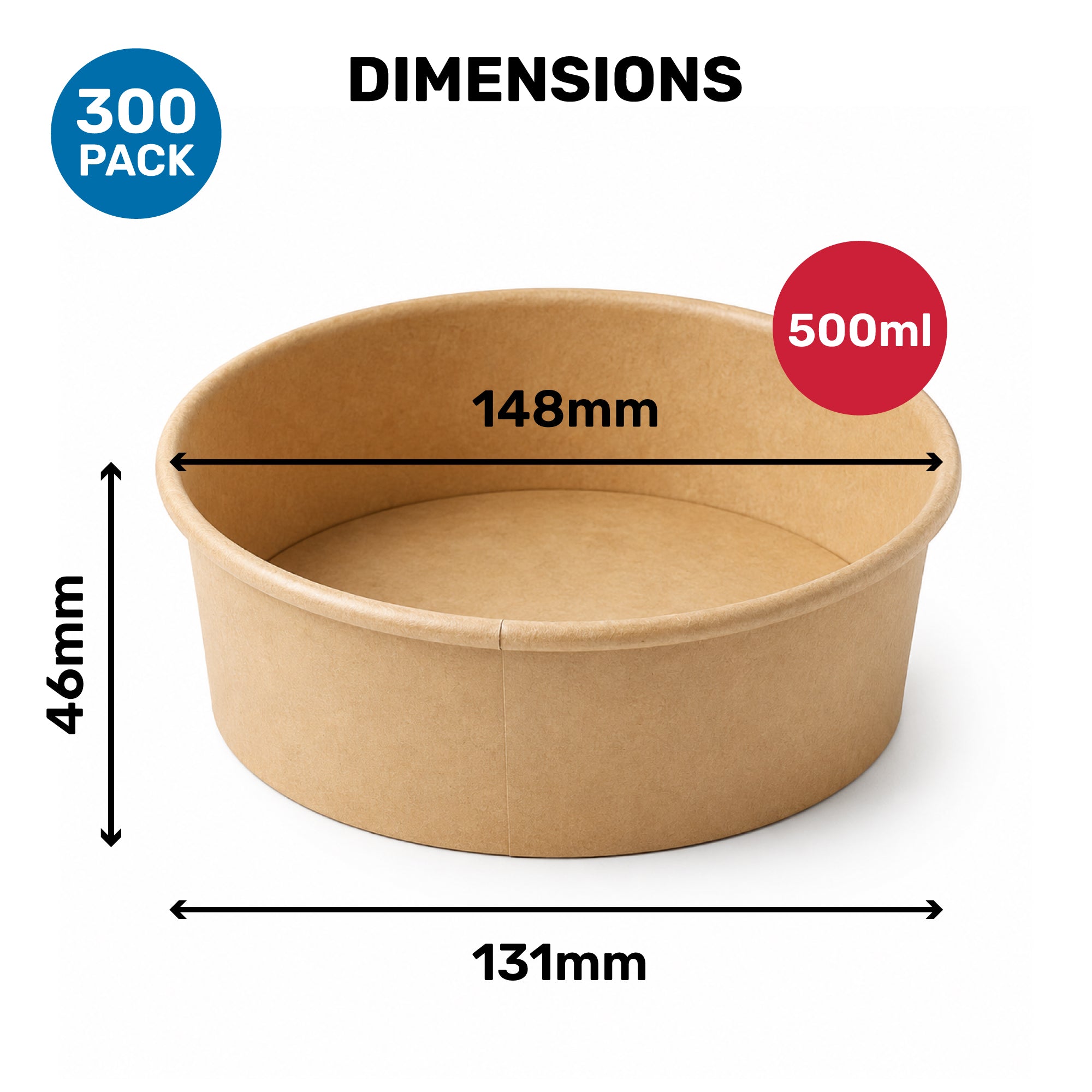 A round, brown paper food container with dimensions of 148mm in diameter, 46mm in height, and a capacity of 500ml, labeled as a 300 pack.