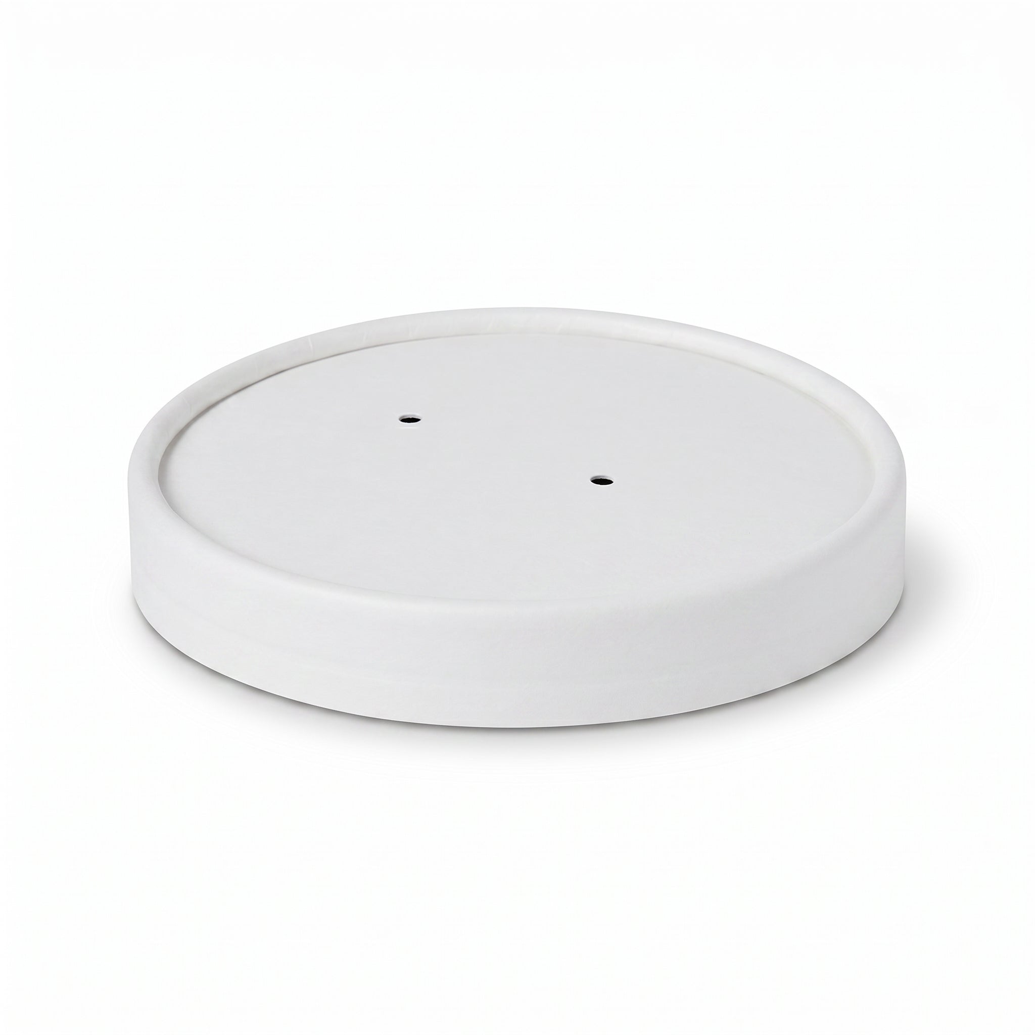 A round, white ceramic plant pot saucer with two drainage holes. The simple, minimalist design suggests a modern and clean aesthetic.