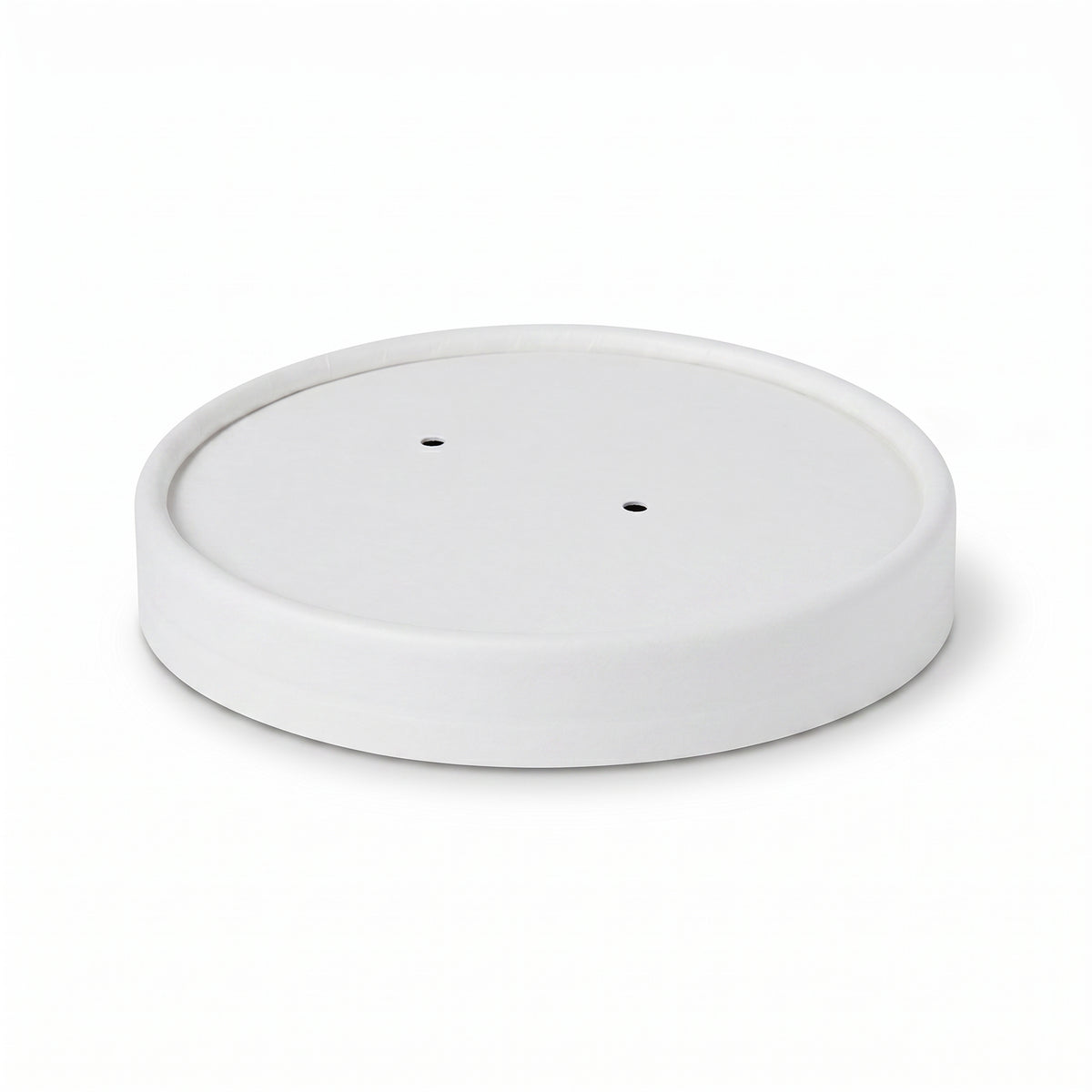 A round, white ceramic plant pot saucer with two drainage holes. The simple, minimalist design suggests a modern and clean aesthetic.