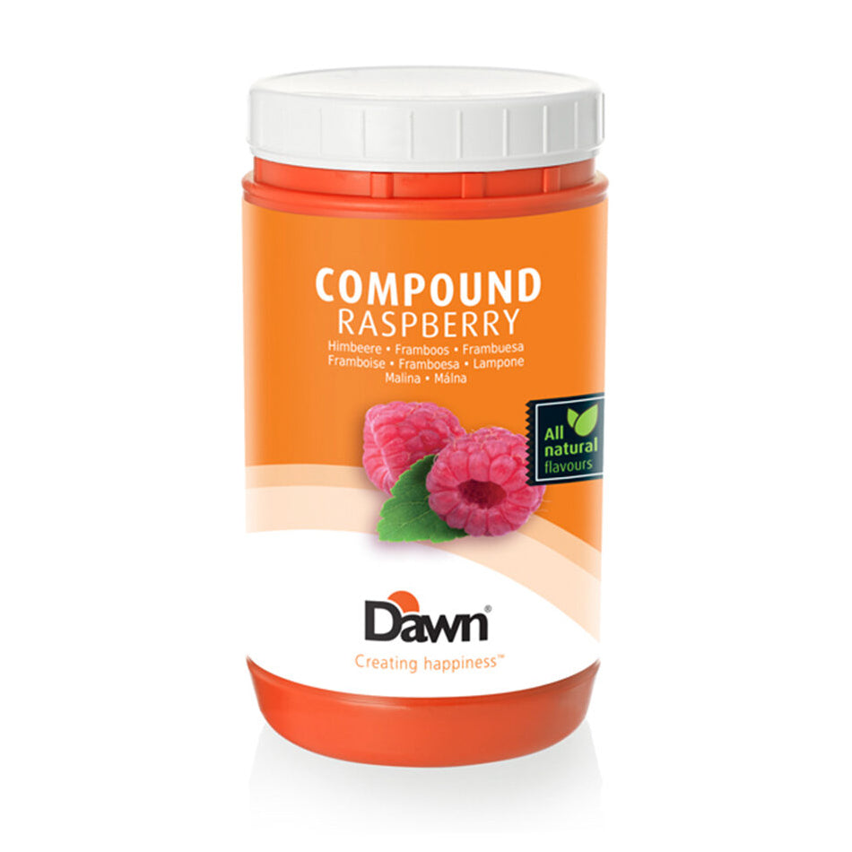 1kg container of Dawn Raspberry Compound, a concentrated raspberry flavour paste made from fruit juices, pieces, and pulp, ideal for enhancing bakery and dessert products.