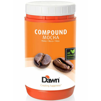 Container of mocha-flavoured compound paste, dark brown in colour, used for flavouring whipped creams, bakery fillings, chocolate, milk drinks, and yoghurts.