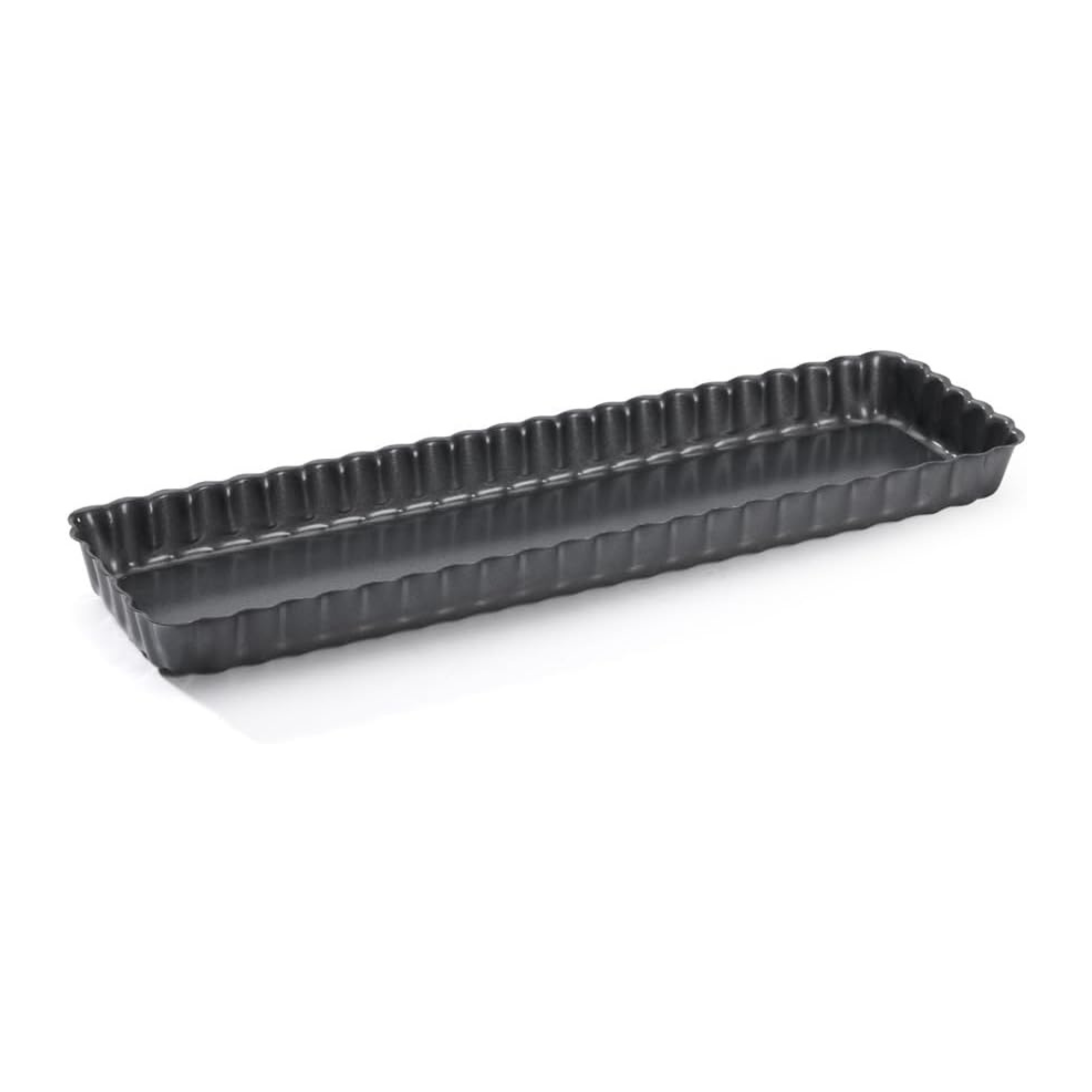 Rectangular black tart pan with fluted edges.