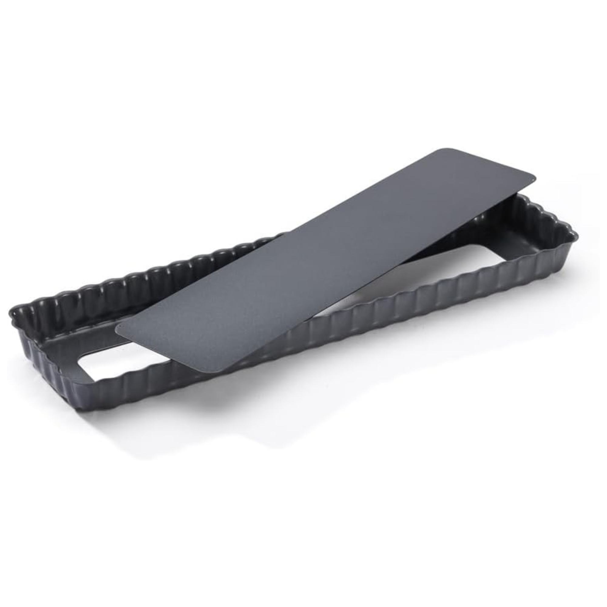 A rectangular tart pan with a removable bottom and a flat lid.
