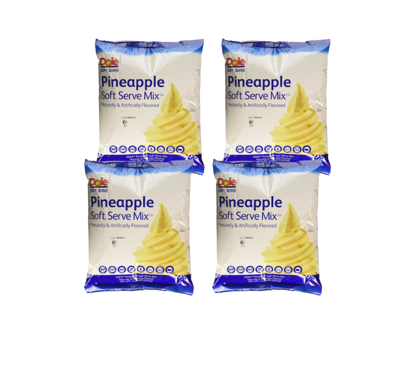 Swirl of creamy pineapple soft serve in a cone, topped with sprinkles and fruit pieces, with packaging in the background—highlighting its smooth texture and tropical flavour, ideal for pairing or customising with toppings.