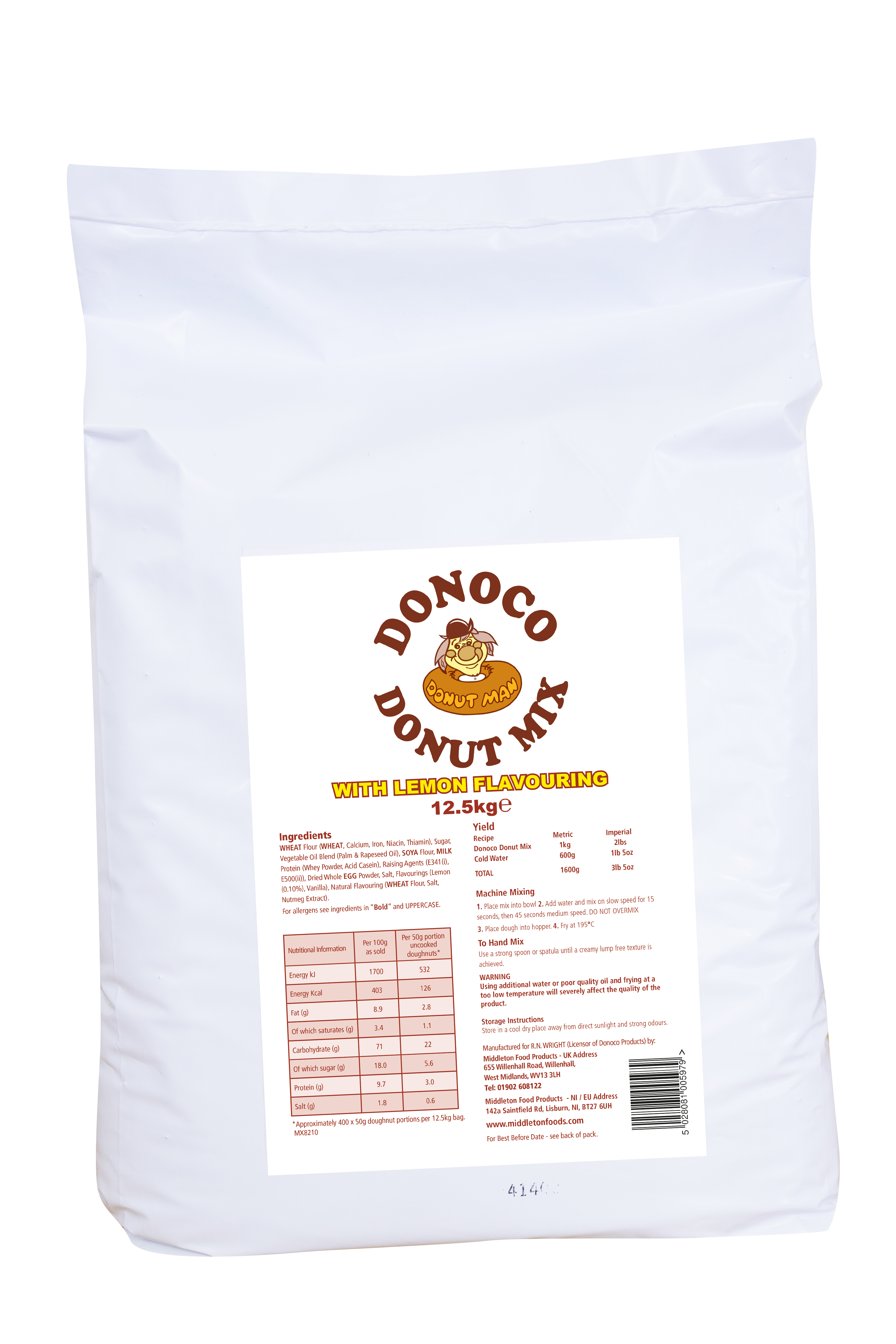 12.5kg bag of Donoco Lemon Cake Donut Mix for making fluffy, zesty lemon-flavoured donuts in professional baking and catering use.