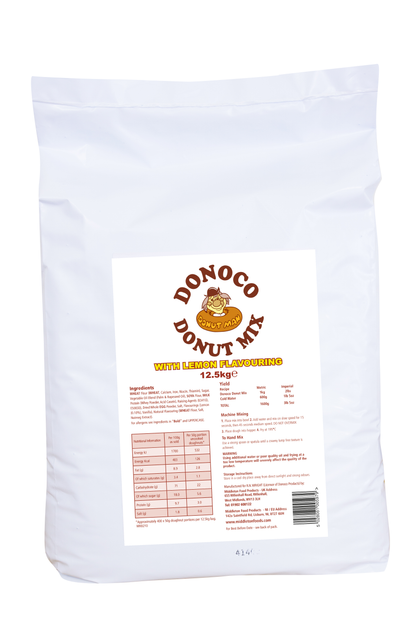 12.5kg bag of Donoco Lemon Cake Donut Mix for making fluffy, zesty lemon-flavoured donuts in professional baking and catering use.