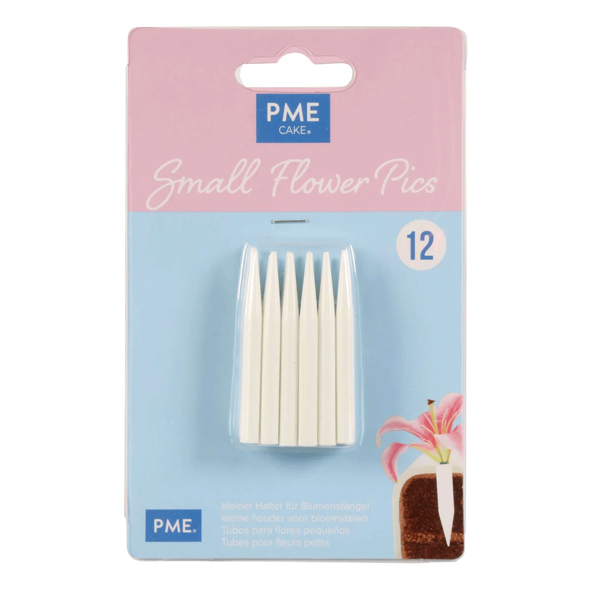 A pastel pink-and-blue PME Cake package holds 12 slim white flower picks for decorating cakes, with a small cake illustration and floral design.