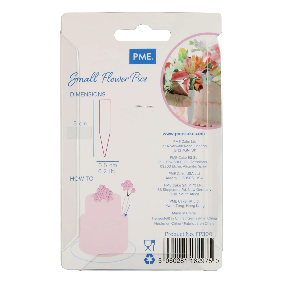 Back of a PME small flower picks package, showing dimensions, floral decoration examples, instructions, and product details; the design feels practical and delicate.