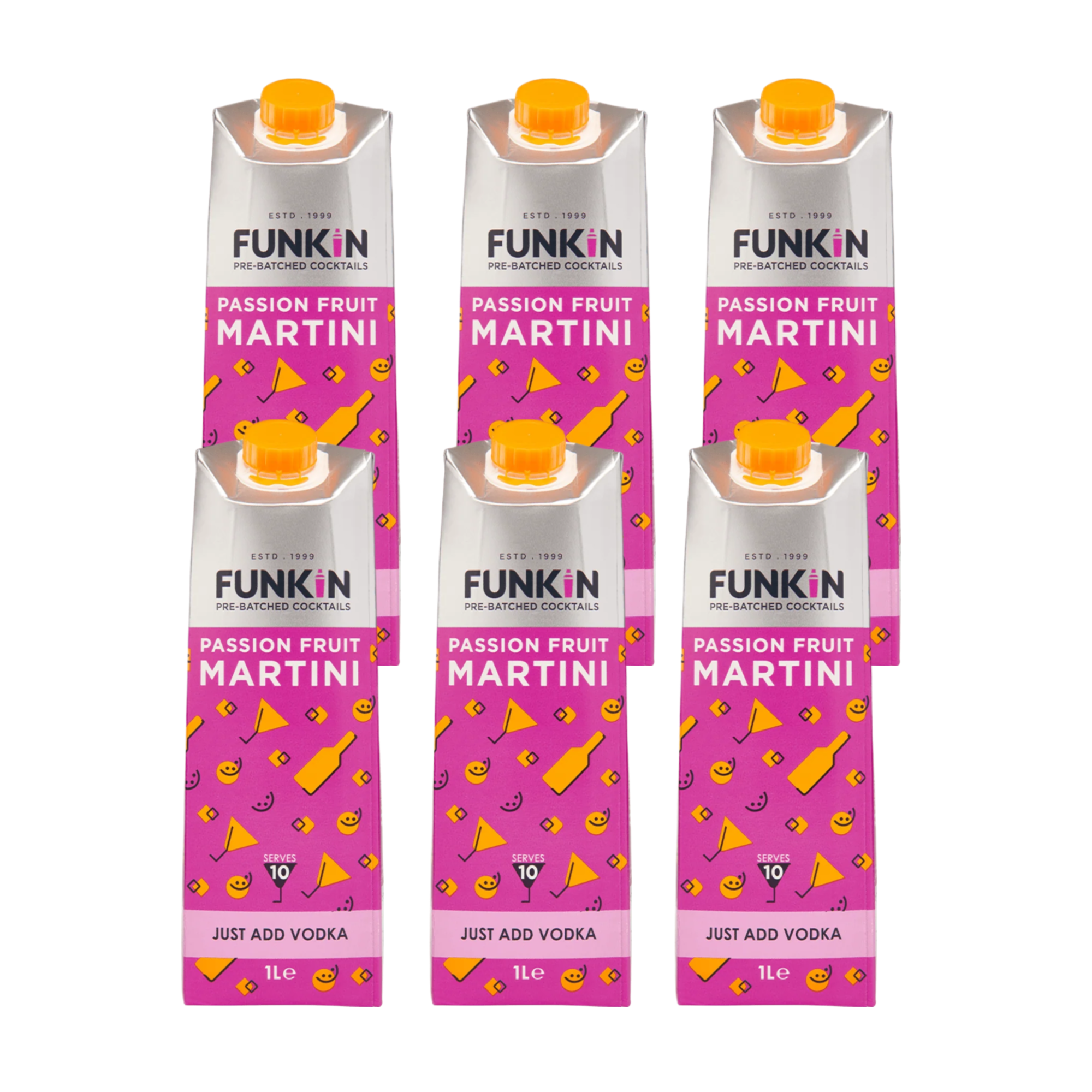 6-pack of Funkin Passion Fruit Martini Mixer bottles, showcasing a tropical fruit blend of mango, passion fruit, and orange juice, ideal for crafting vibrant cocktails at home or in bars.