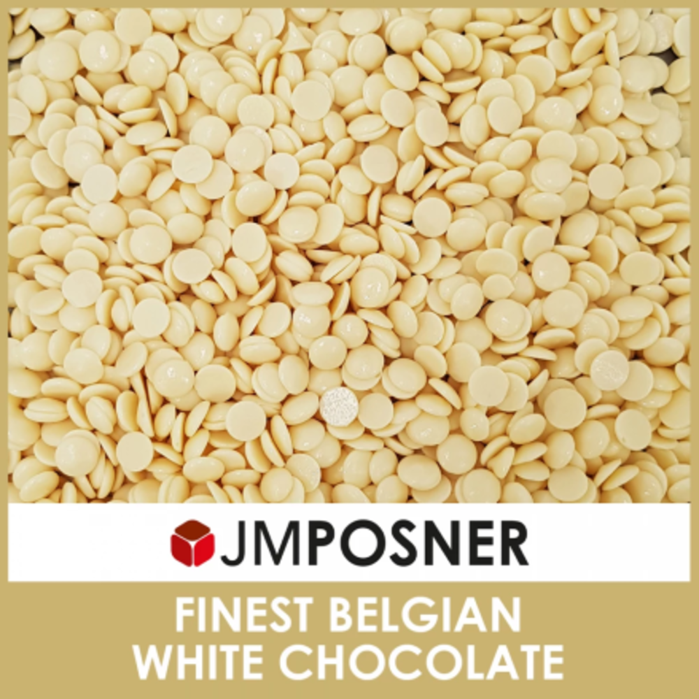 JM Posner’s Finest Belgian White Chocolate, attractively packaged, shown alongside creamy white chocolate pieces and a gently flowing chocolate fountain