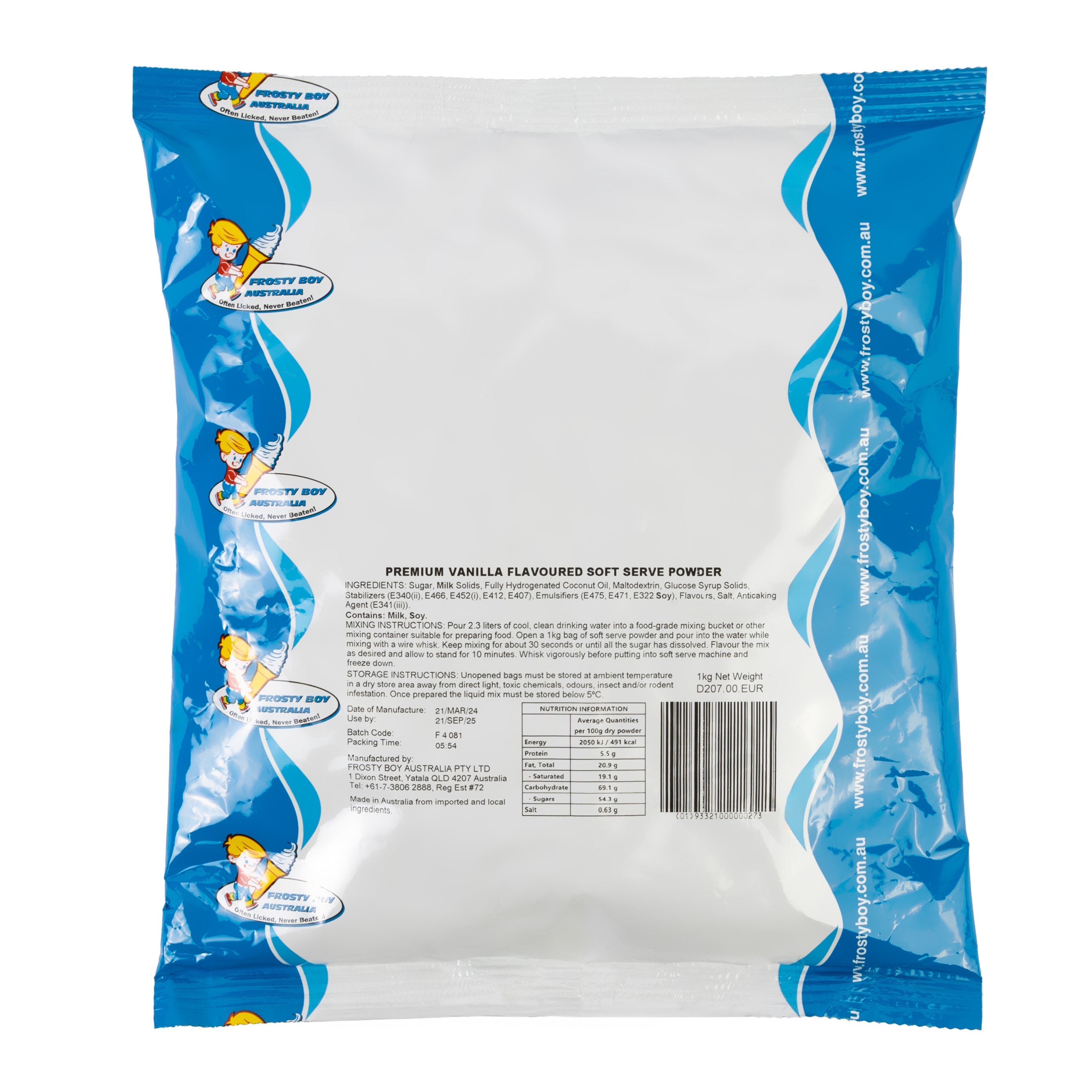 Premium vanilla flavored soft serve powder in a bag, ideal for making creamy, smooth ice cream in cafes or dessert shops.