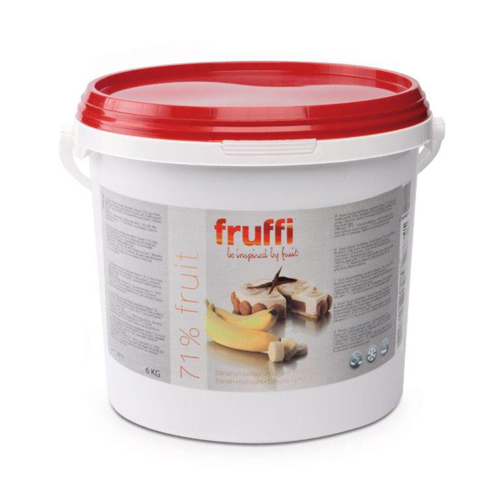 Large 6kg tub of Fruffi Banana Plus fruit preparation with smooth, creamy texture, ideal for desserts, pastries, gelato, and smoothies; labeled with product and nutritional details.