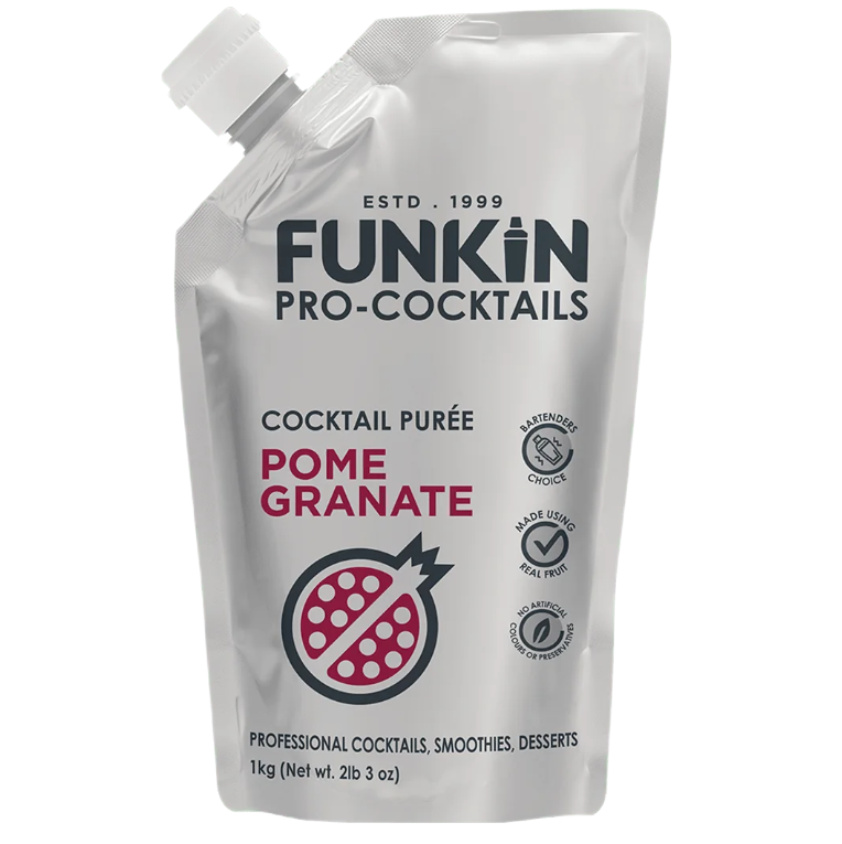 Pouch of Funkin Pomegranate Purée, a ready-to-use cocktail ingredient with bold, tart flavour—no prep required, perfect for year-round use in drinks and mixology.