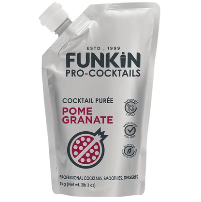 Pouch of Funkin Pomegranate Purée, a ready-to-use cocktail ingredient with bold, tart flavour—no prep required, perfect for year-round use in drinks and mixology.