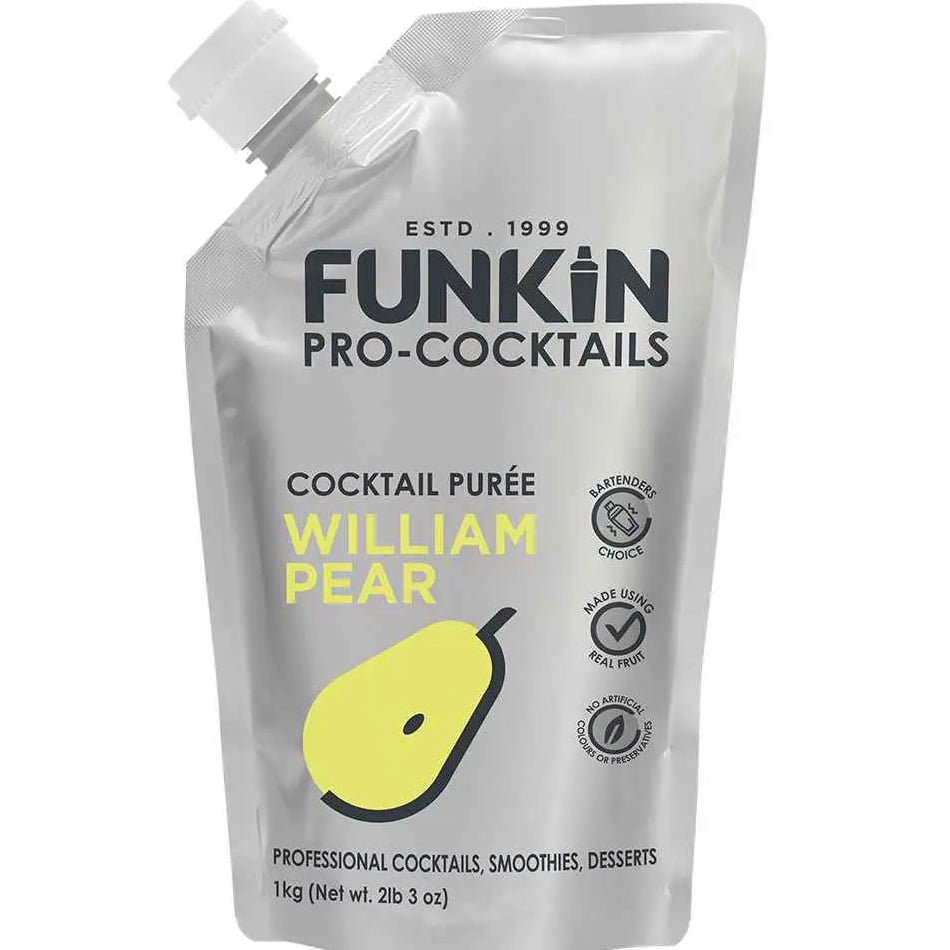 Pouch of Funkin William Pear Purée, made from ripe pears, offering a smooth, sweet flavour—ideal for cocktails and ready to use with no preparation or waste.