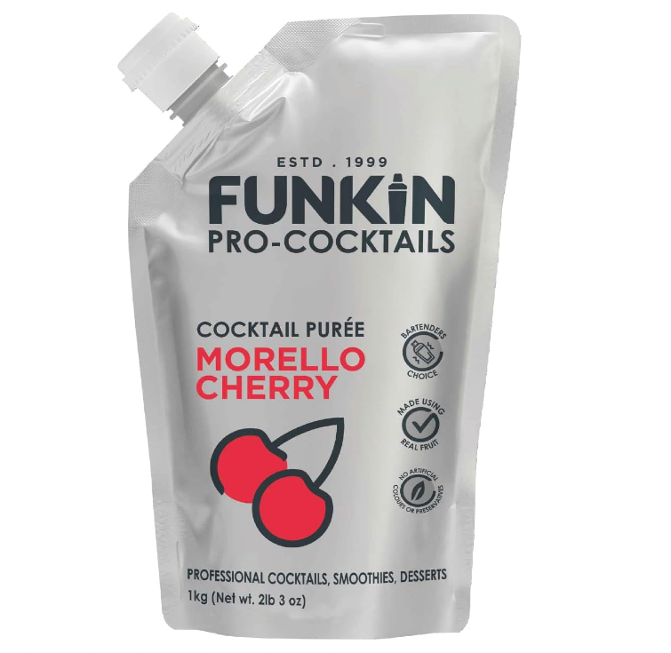 A pouch of Funkin Morello Cherry Purée, featuring a vibrant cherry-themed design. The packaging highlights that the purée is made from 100% Morello cherries sourced from Serbia, ideal for cocktails, smoothies, desserts, and sauces.