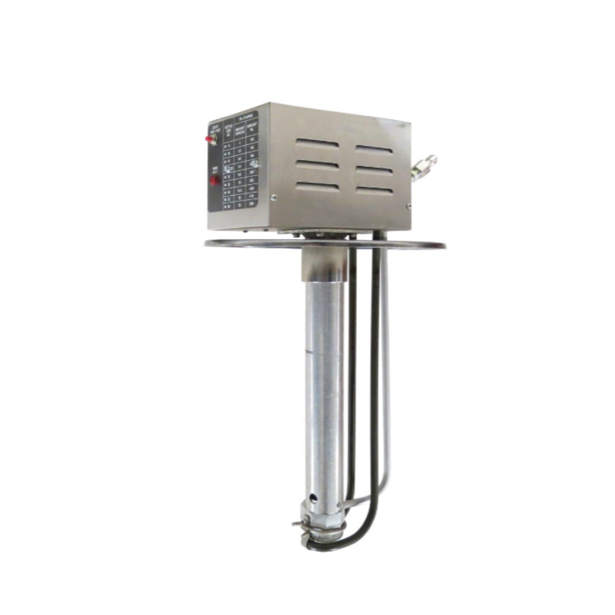 Gold Medal commercial bucket oil pump with stainless steel housing, dual timer control panel, and vertical oil dispensing tube designed for popcorn machines