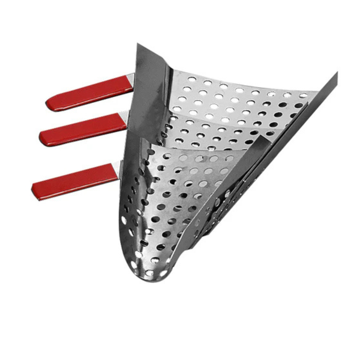 Close-up of a metallic, perforated pasta strainer with three overlapping layers. Each layer has a red, flat handle extending outward.
