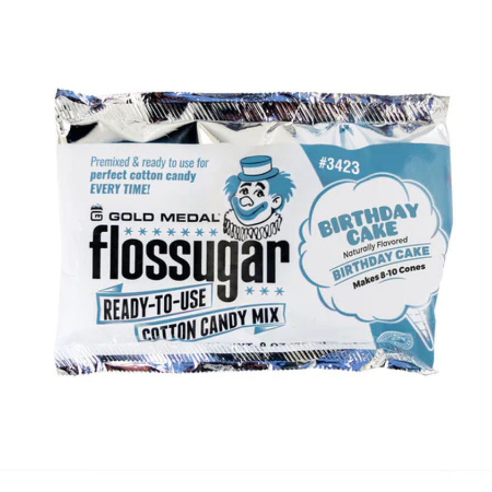 Gold Medal Flossugar ready-to-use cotton candy mix in a sealed pouch, Birthday Cake flavor, 8 oz, with blue-and-white packaging and a cartoon mascot on the front.