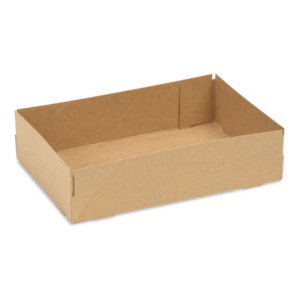 A plain brown, rectangular cardboard box with low edges is shown against a white background. The box is open and empty, conveying simplicity and functionality.