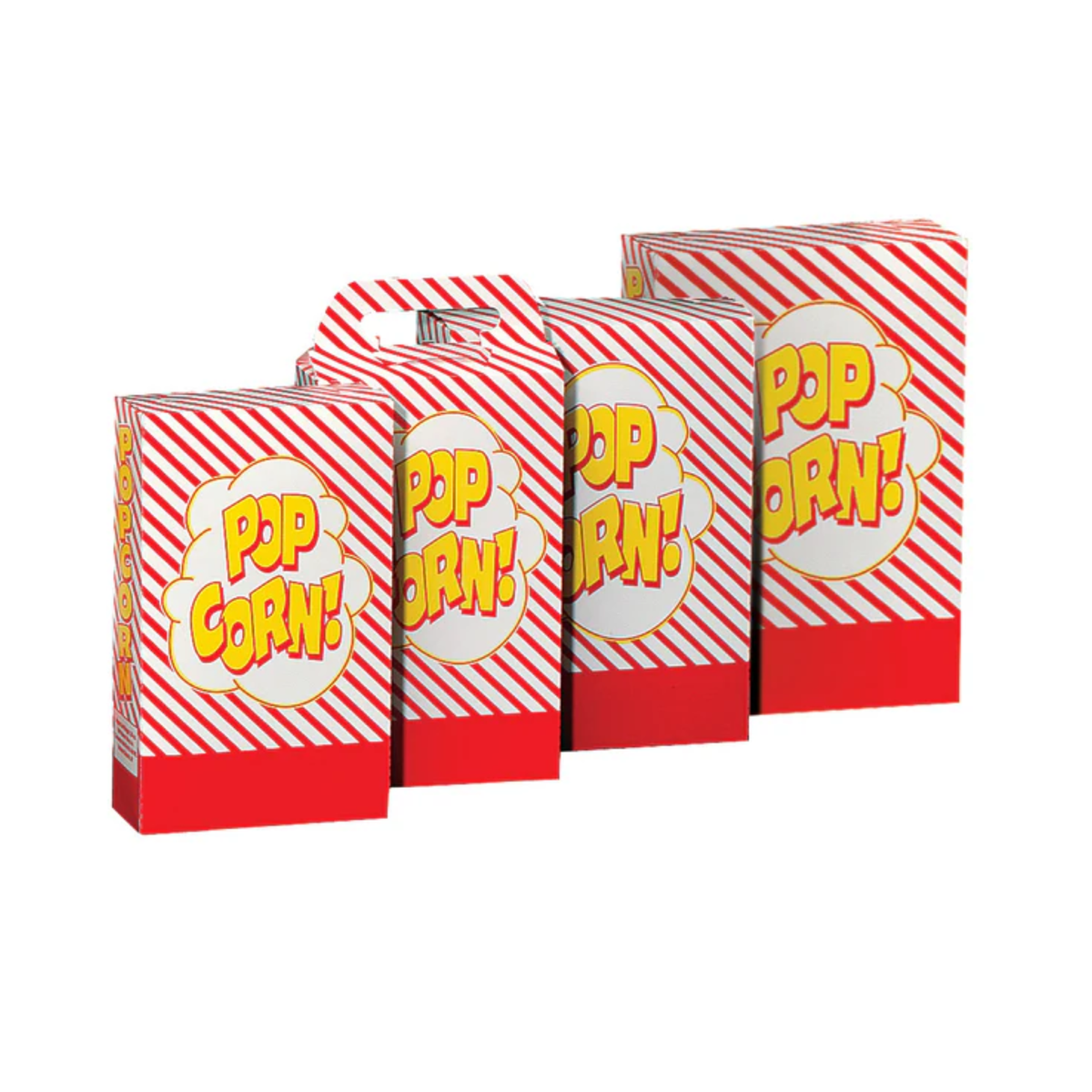 Four red-and-white striped popcorn boxes of different sizes with "Pop Corn!" text in yellow on the front. The design is bright and playful.