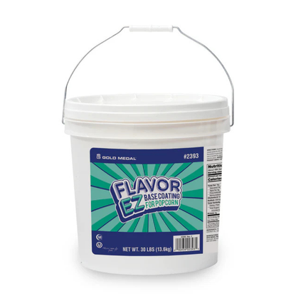 White plastic bucket with metal handle labeled ‘Gold Medal Flavor EZ Base Coating for Popcorn,’ 30 lb container with blue and green starburst label.