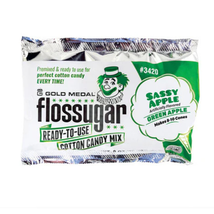 Gold Medal Flossugar ready-to-use cotton candy mix in Sassy Apple (green apple) flavor, 8-oz pouch, with clown logo and labeled as making 8–10 cones.