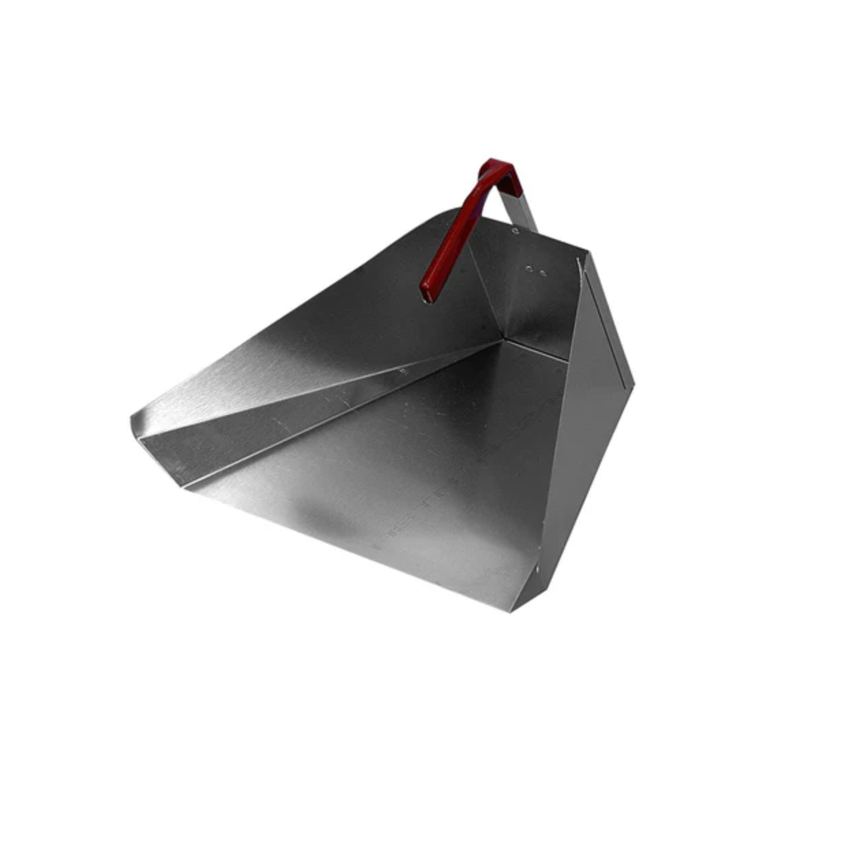 A stainless steel dustpan with a sleek triangular shape, featuring a red handle for easy grip. Clean, modern design conveys functionality and simplicity.
