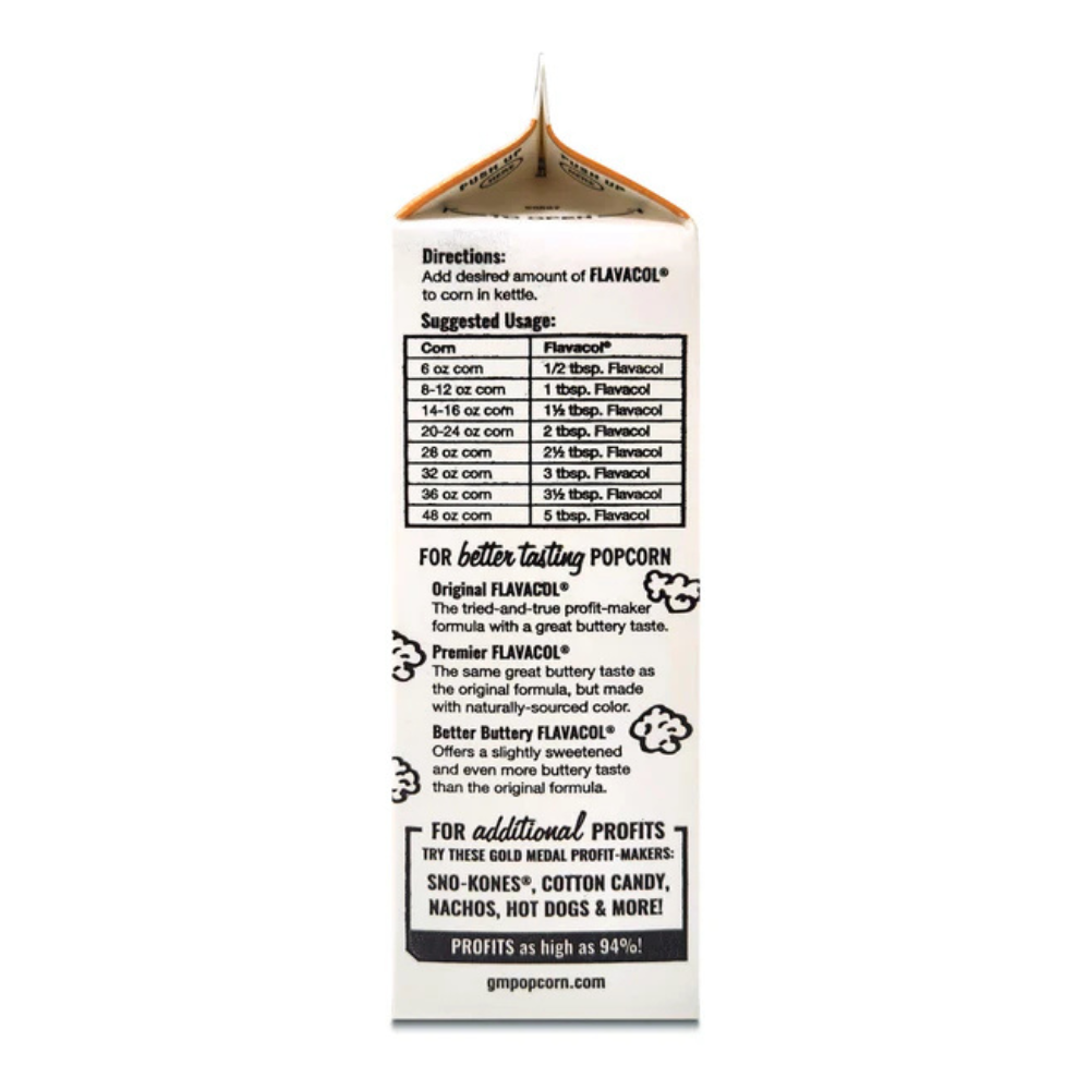 Back of a popcorn flavoring carton featuring instructions for adding Flavacol to popcorn. It includes usage guidelines, product descriptions, and profit suggestions.