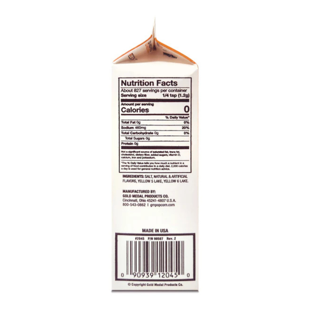 Nutritional information on a white carton shows zero calories, 460mg sodium, and ingredients like salt and artificial flavoring. A barcode is below.