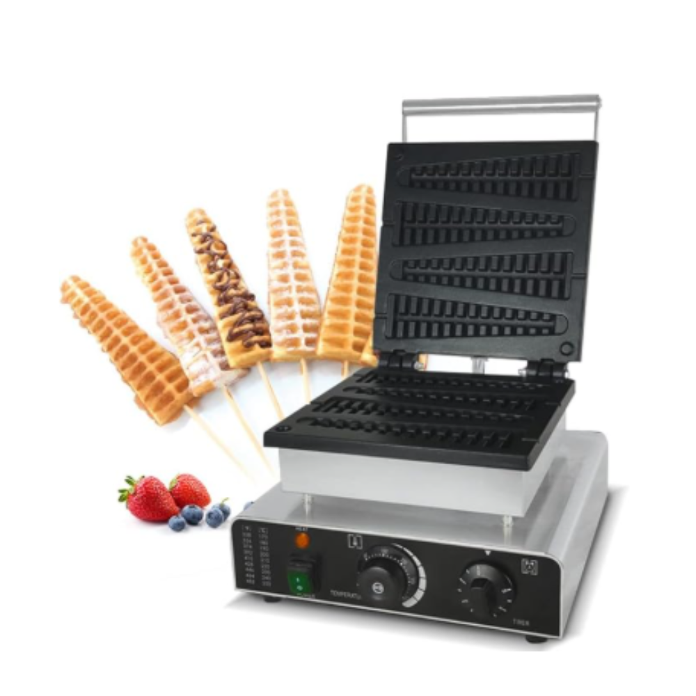 Professional waffle maker with an open griddle sits beside waffle pops decorated with chocolate and nuts. Strawberries and blueberries are nearby.