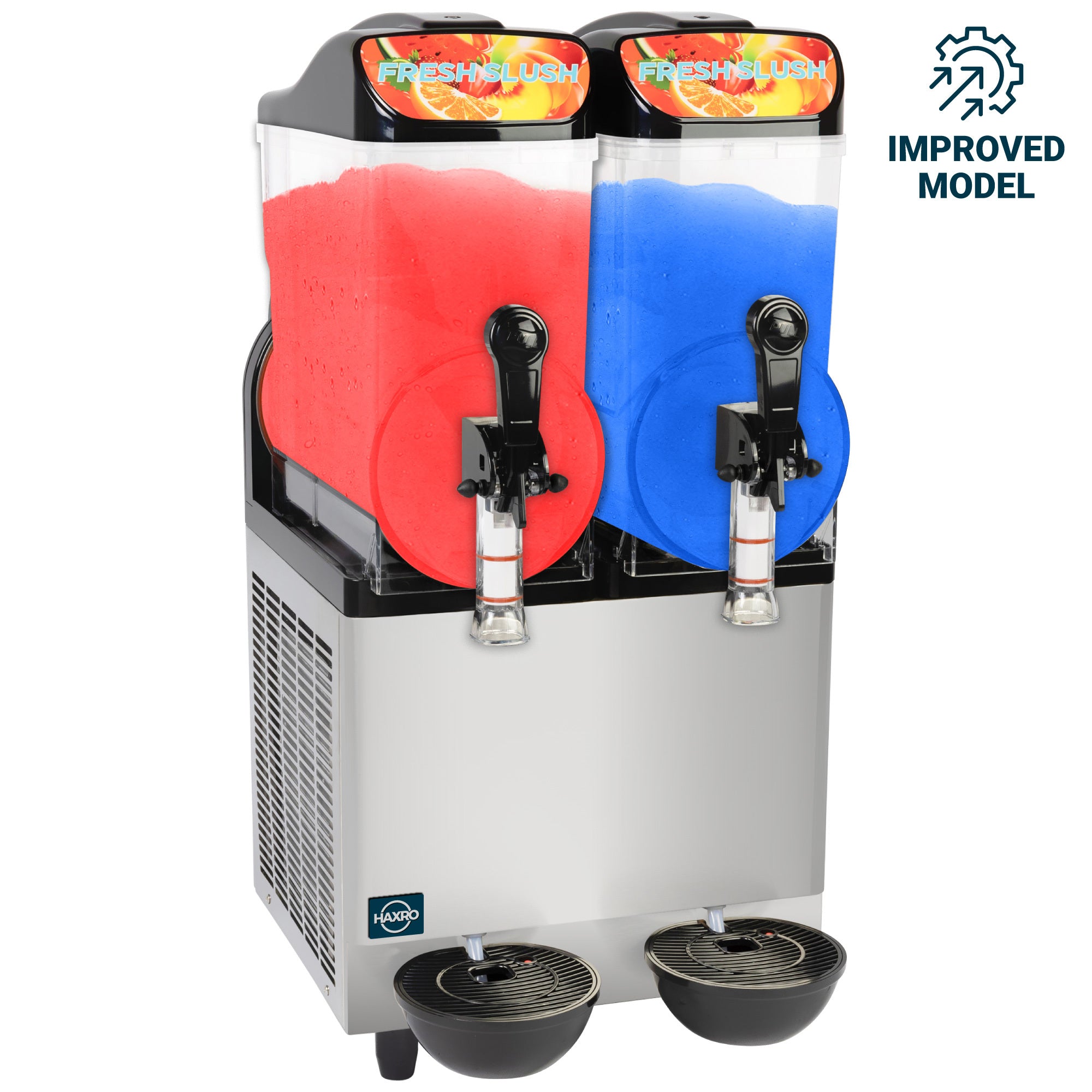 Slush machine with red and blue tanks on a white background