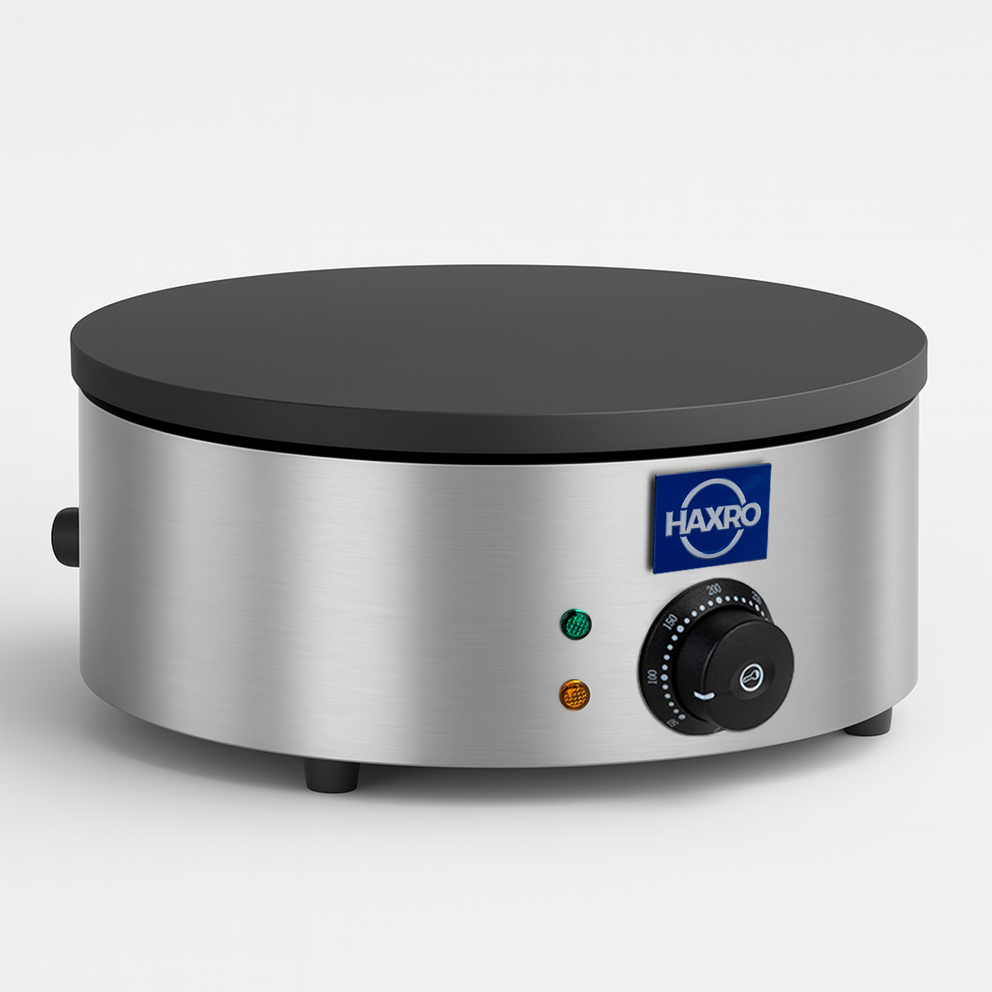 Haxro Single Crepe Maker showing control panel, knob, and green and orange indicator lights.