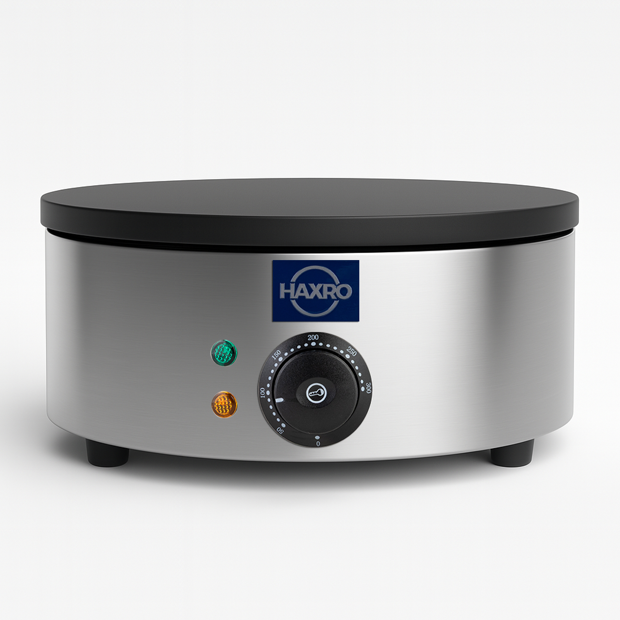 Haxro Single Crepe Maker with flat black plate and stainless steel base, showing logo and control panel.