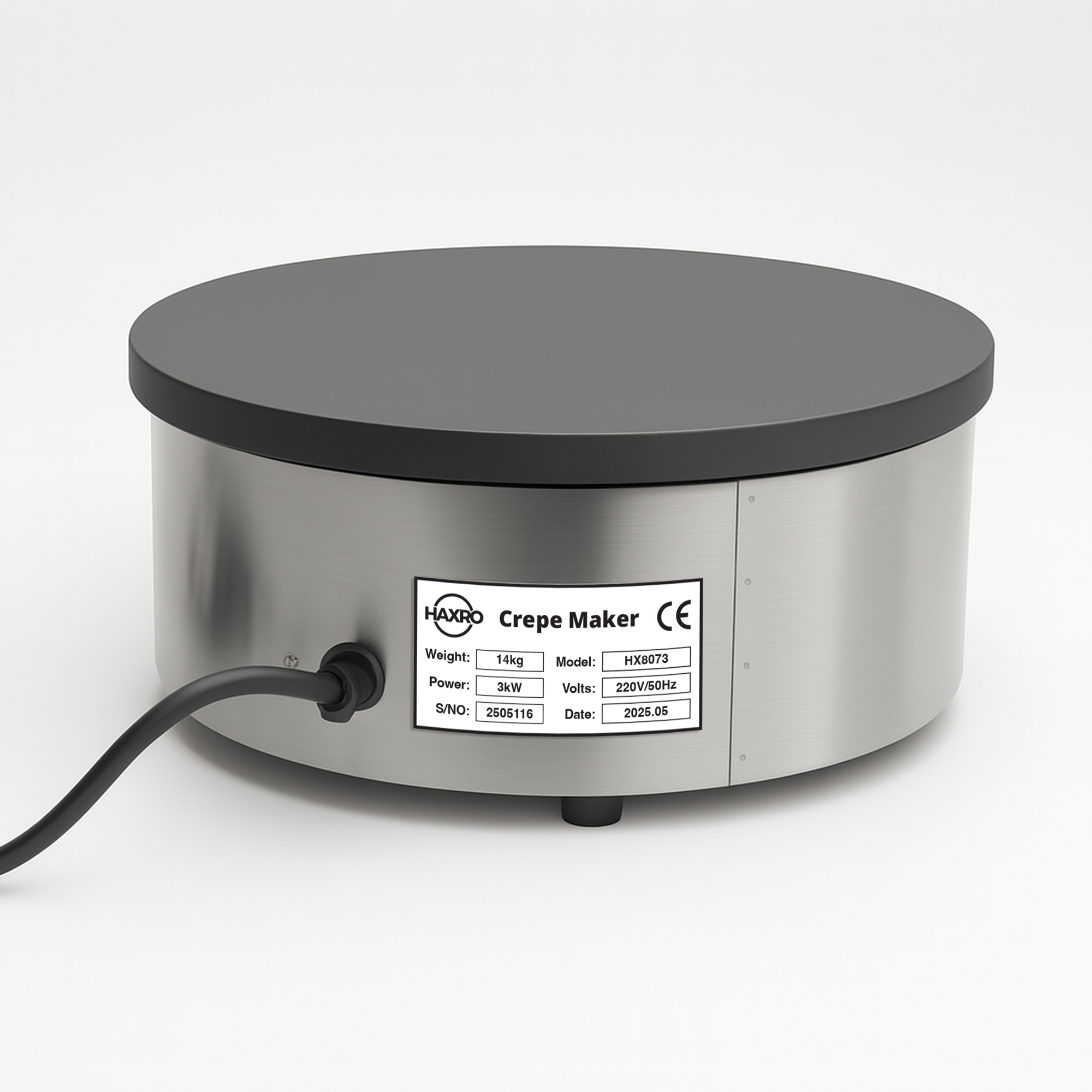 Rear of Haxro Crepe Maker showing CE certification label, power cord, and product details.