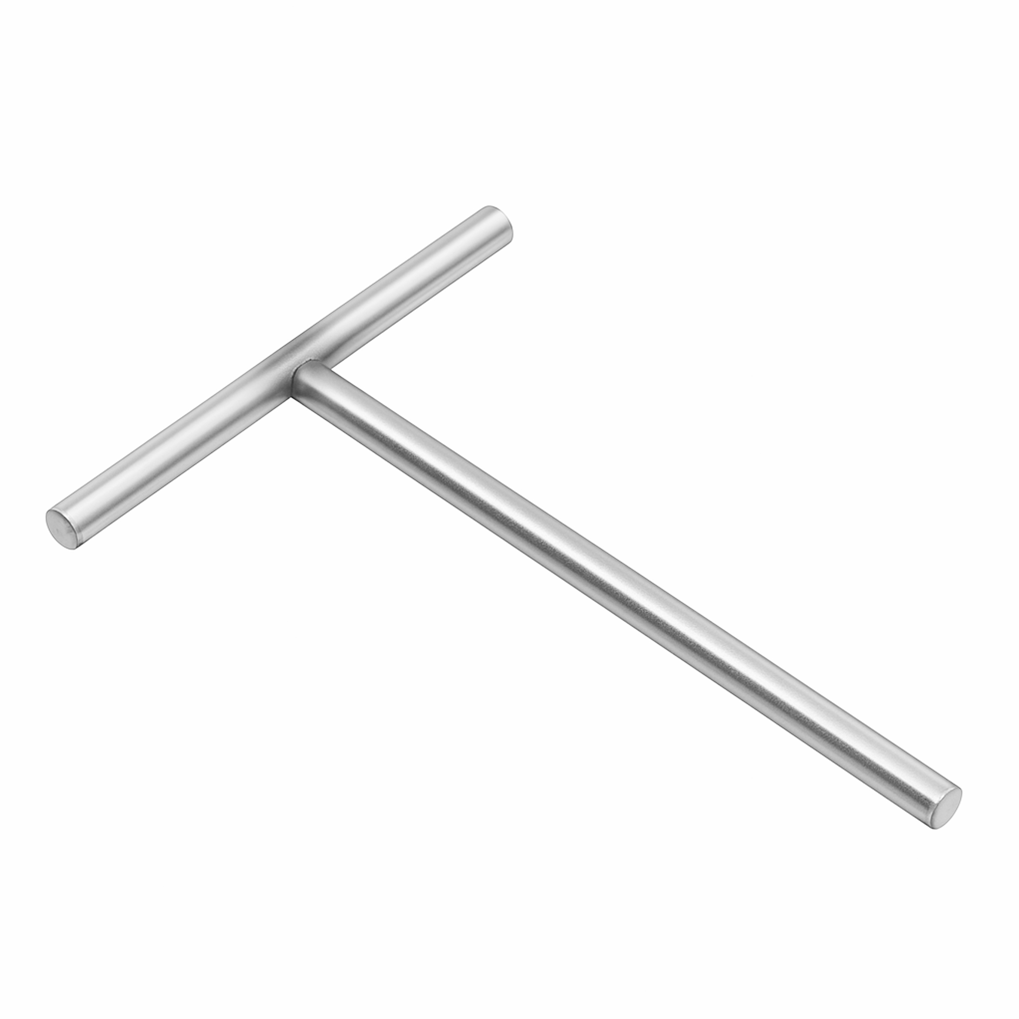 Side perspective of T-shaped stainless steel crepe spreader.