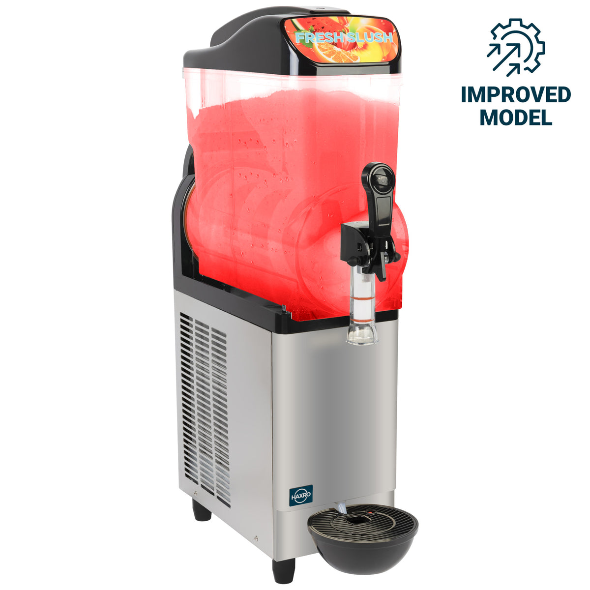Slushy machine with red liquid, brand logo visible, on a white background