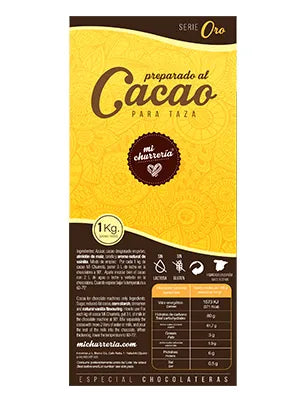 Mi Churreria Gold Range hot chocolate powder in a 12kg box, formulated for use in chocolate dispensers, rich in cocoa butter and infused with vanillin