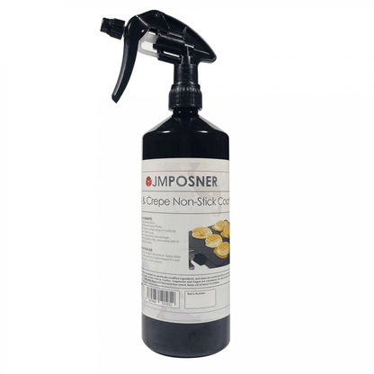 Spray bottle of JM Posner Waffle & Crepe Non-Stick Coating, featuring a black spray nozzle and label with waffle images, conveying practicality.