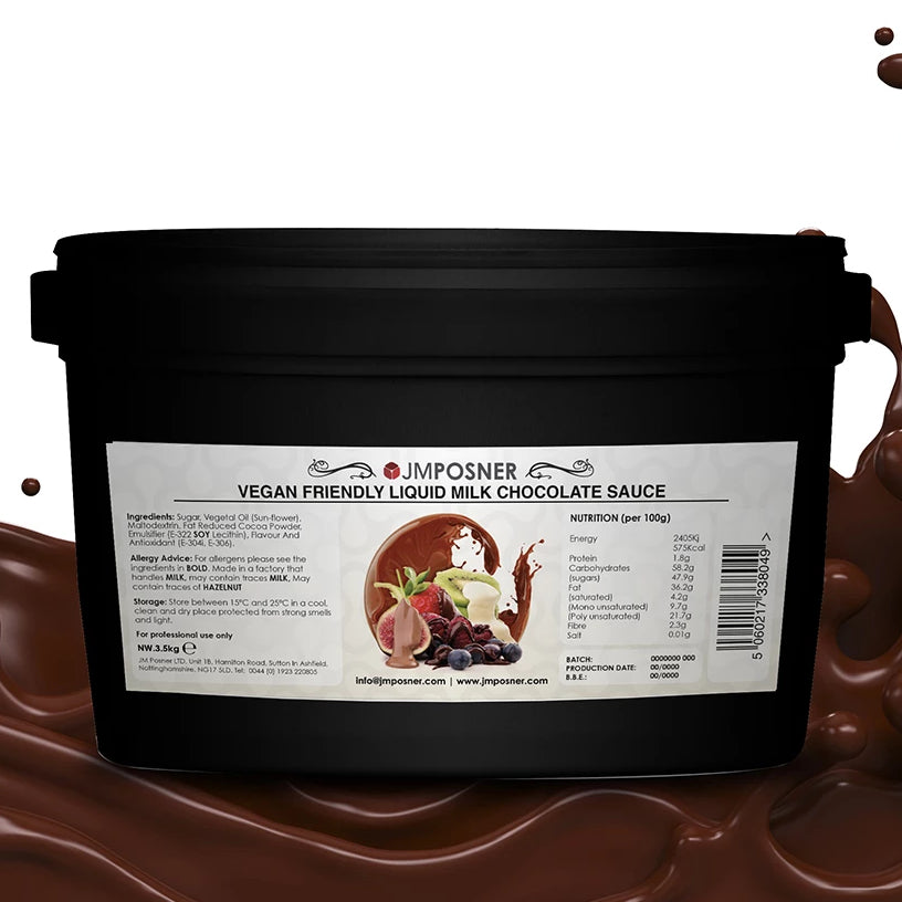 3.5kg tub of vegan liquid milk chocolate-flavoured sauce, a ready-to-use alternative to solid vegan chocolate, ideal for desserts—requires stirring before use to maintain consistency.