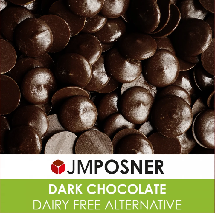 A 2kg bag of JM Posner Dairy-Free Vegan Dark Chocolate Buttons, labeled as suitable for vegans and ideal for couverture, featuring premium, ethically sourced dark chocolate with a rich and smooth texture.