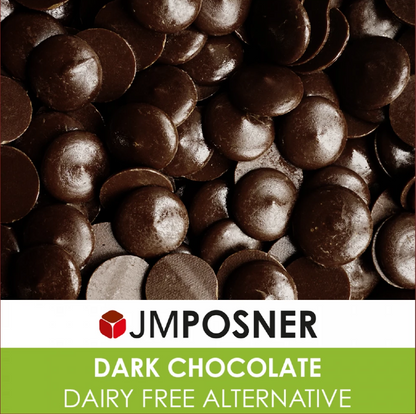 A 2kg bag of JM Posner Dairy-Free Vegan Dark Chocolate Buttons, labeled as suitable for vegans and ideal for couverture, featuring premium, ethically sourced dark chocolate with a rich and smooth texture.