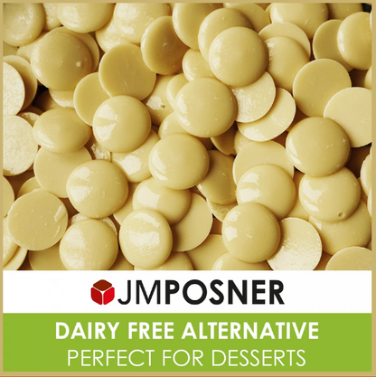 A bag of JM Posner’s vegan white chocolate buttons, labeled as dairy-free, gluten-free, soya-free, and made with Rainforest Alliance-certified chocolate.