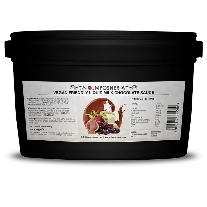 3.5kg tub of vegan liquid milk chocolate-flavoured sauce, a ready-to-use alternative to solid vegan chocolate, ideal for desserts—requires stirring before use to maintain consistency.