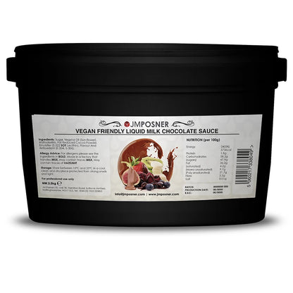 3.5kg tub of vegan liquid milk chocolate-flavoured sauce, a ready-to-use alternative to solid vegan chocolate, ideal for desserts—requires stirring before use to maintain consistency.
