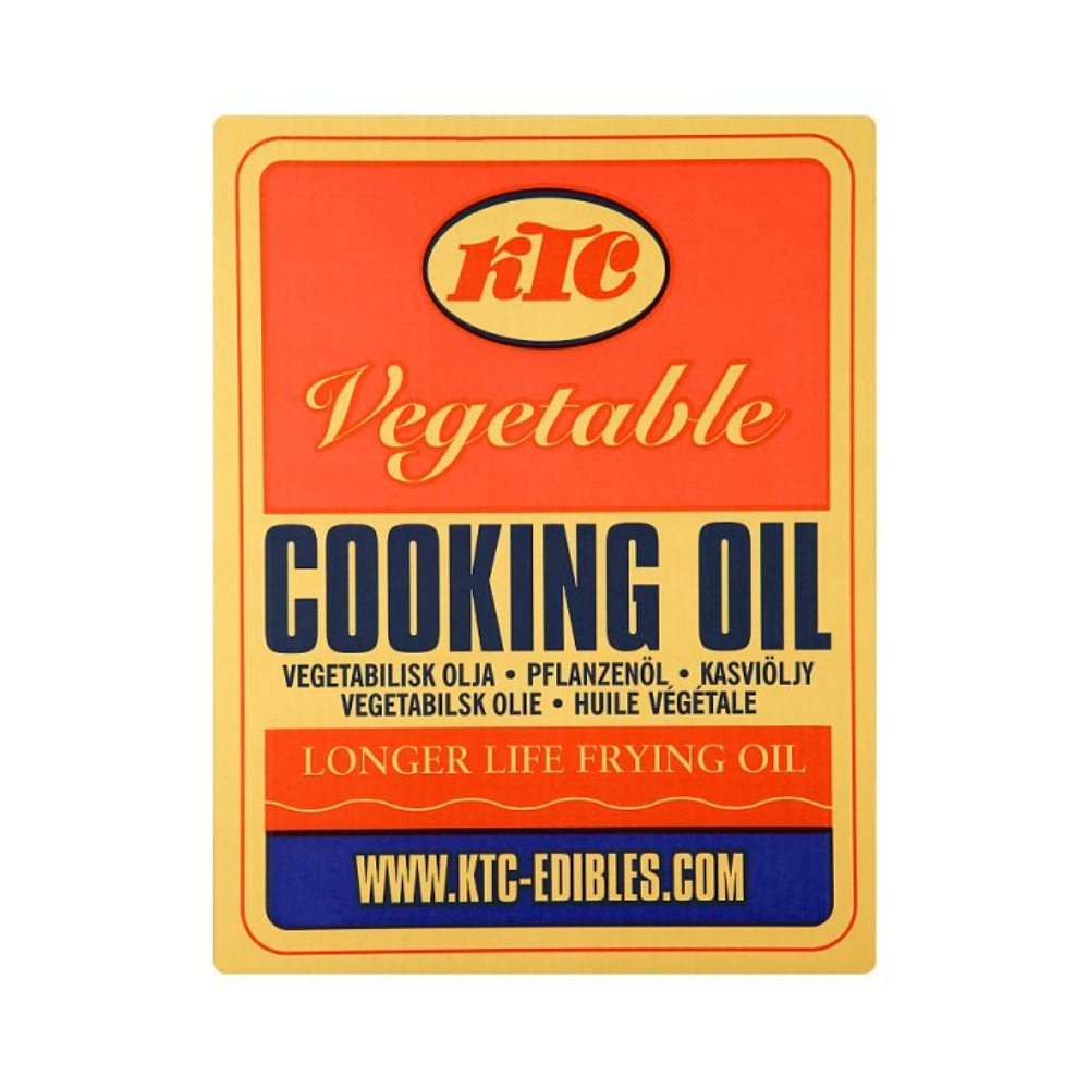 KTC Vegetable Cooking Oil label showing longer life frying oil branding for 20L bulk catering cooking oil, suitable for commercial kitchens, cafés and caterers.