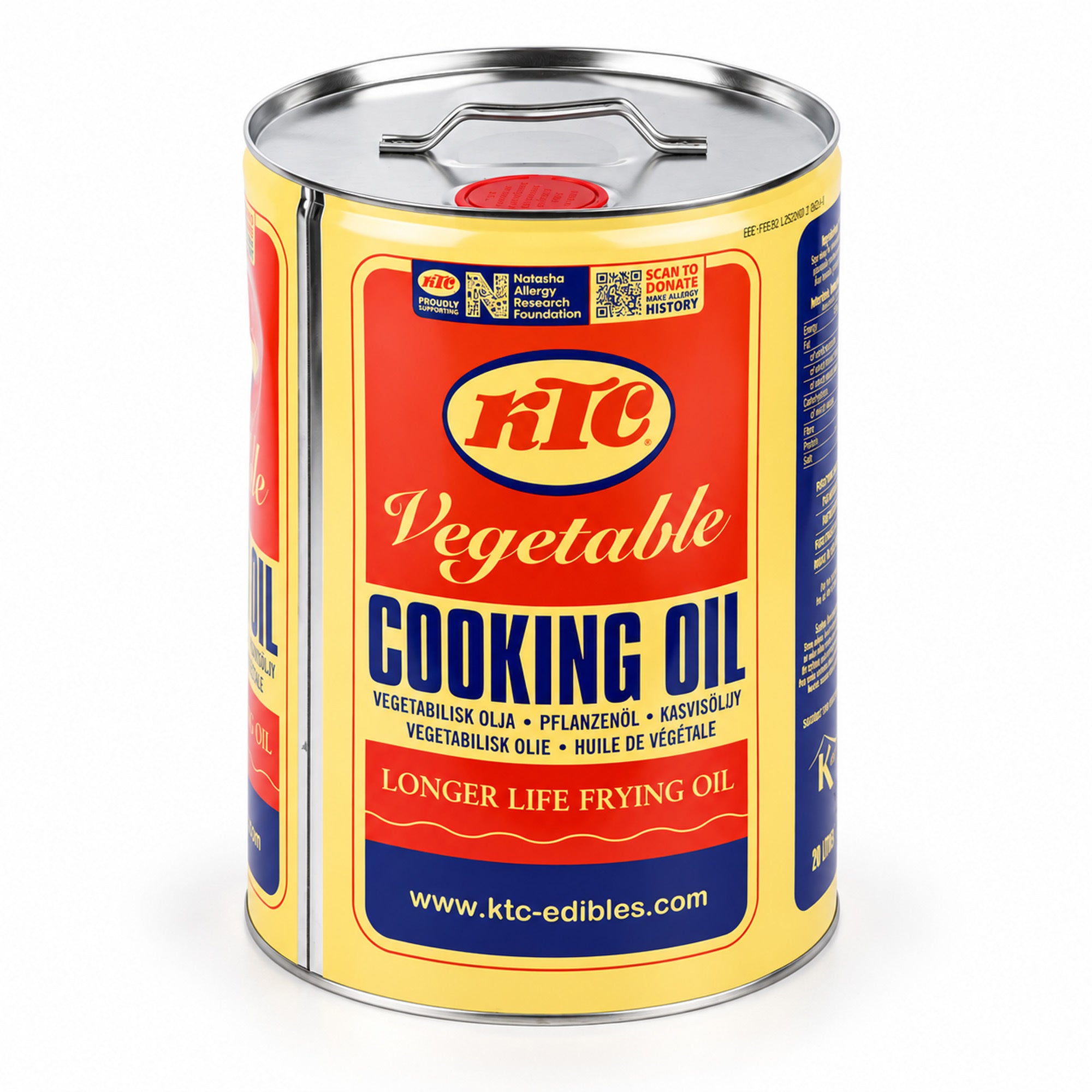 A sealed yellow tin of KTC vegetable cooking oil stands upright on a white background, with a metal lid and bold red-and-blue label; the packaging feels practical and familiar.