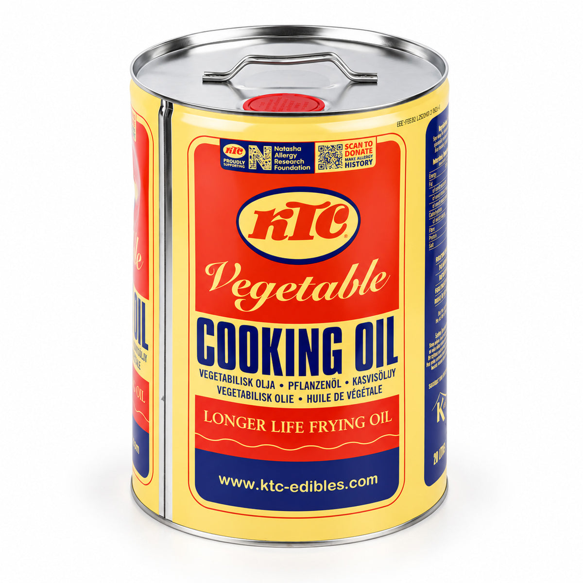 A sealed yellow tin of KTC vegetable cooking oil stands upright on a white background, with a metal lid and bold red-and-blue label; the packaging feels practical and familiar.
